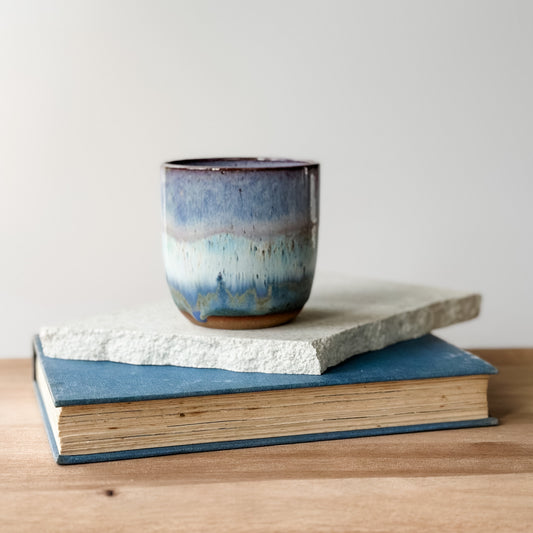 Ceramic cup on top of two books with a plain background