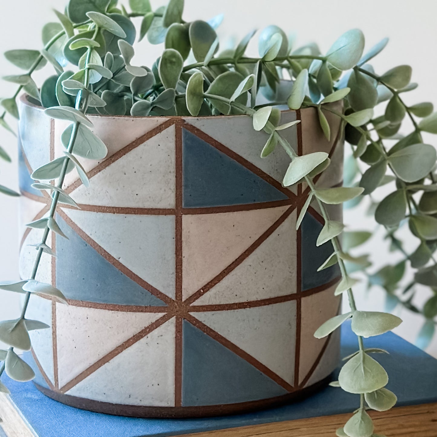 A close up view of a geometric handmade ceramic planter pot on a book. The planter pot is painted with dark blue, pink, grey and white glaze. The handmade planter has a hanging plant.