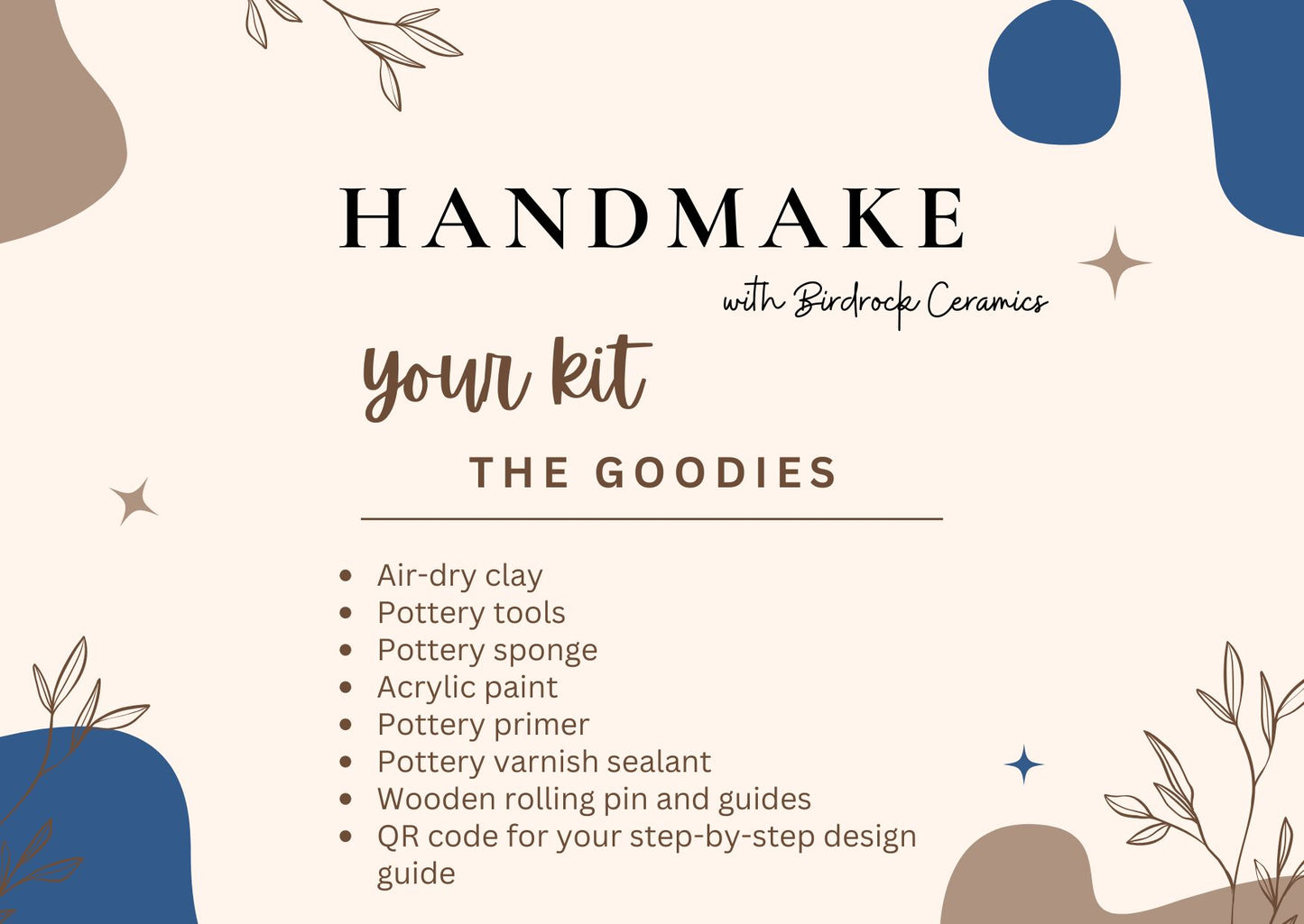 Promotional graphic for Birdrock Ceramics' pottery kit with text and minimalistic designs.