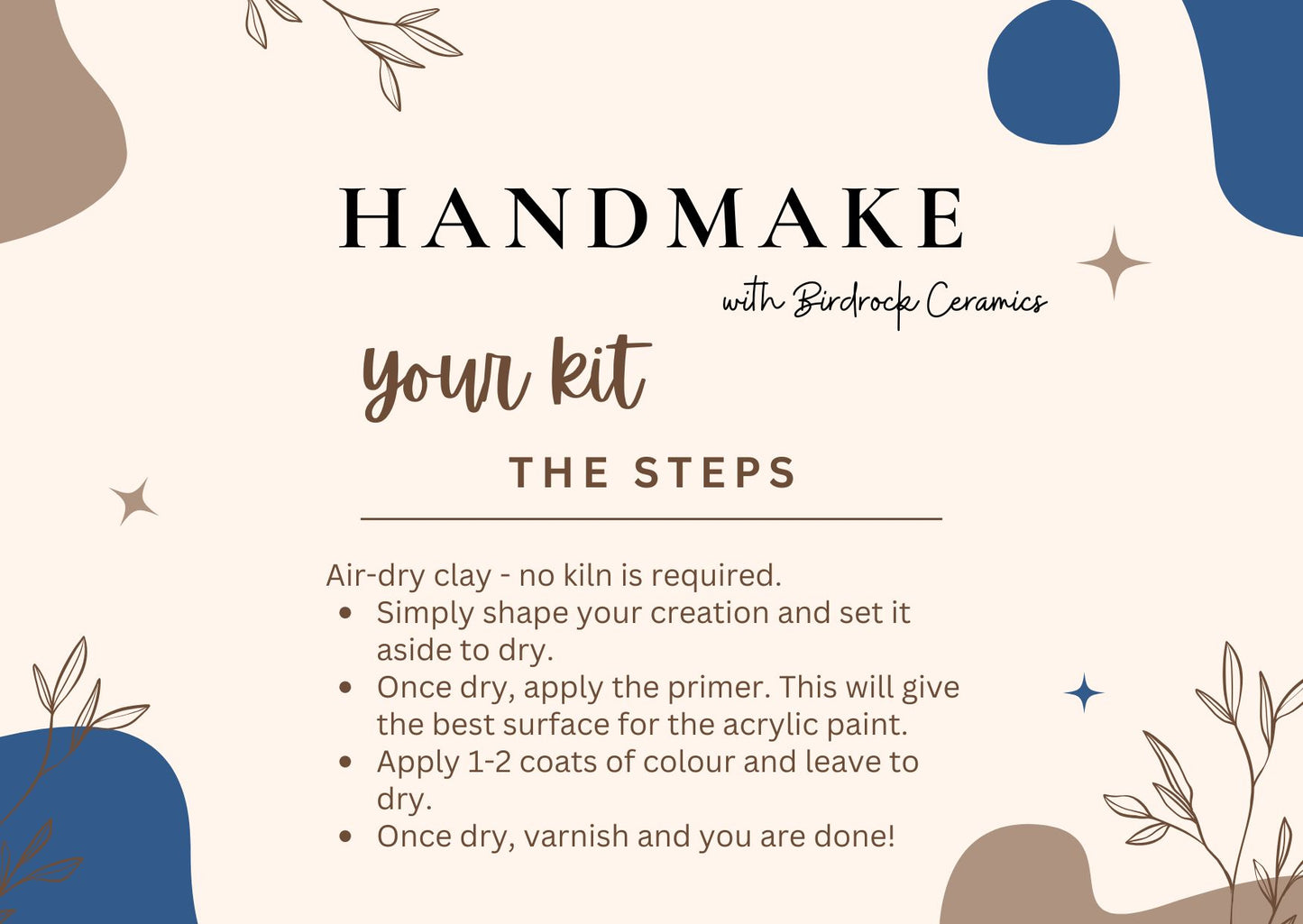 Instructions for making a ceramic kit with Birdrock Ceramics on a decorative background.