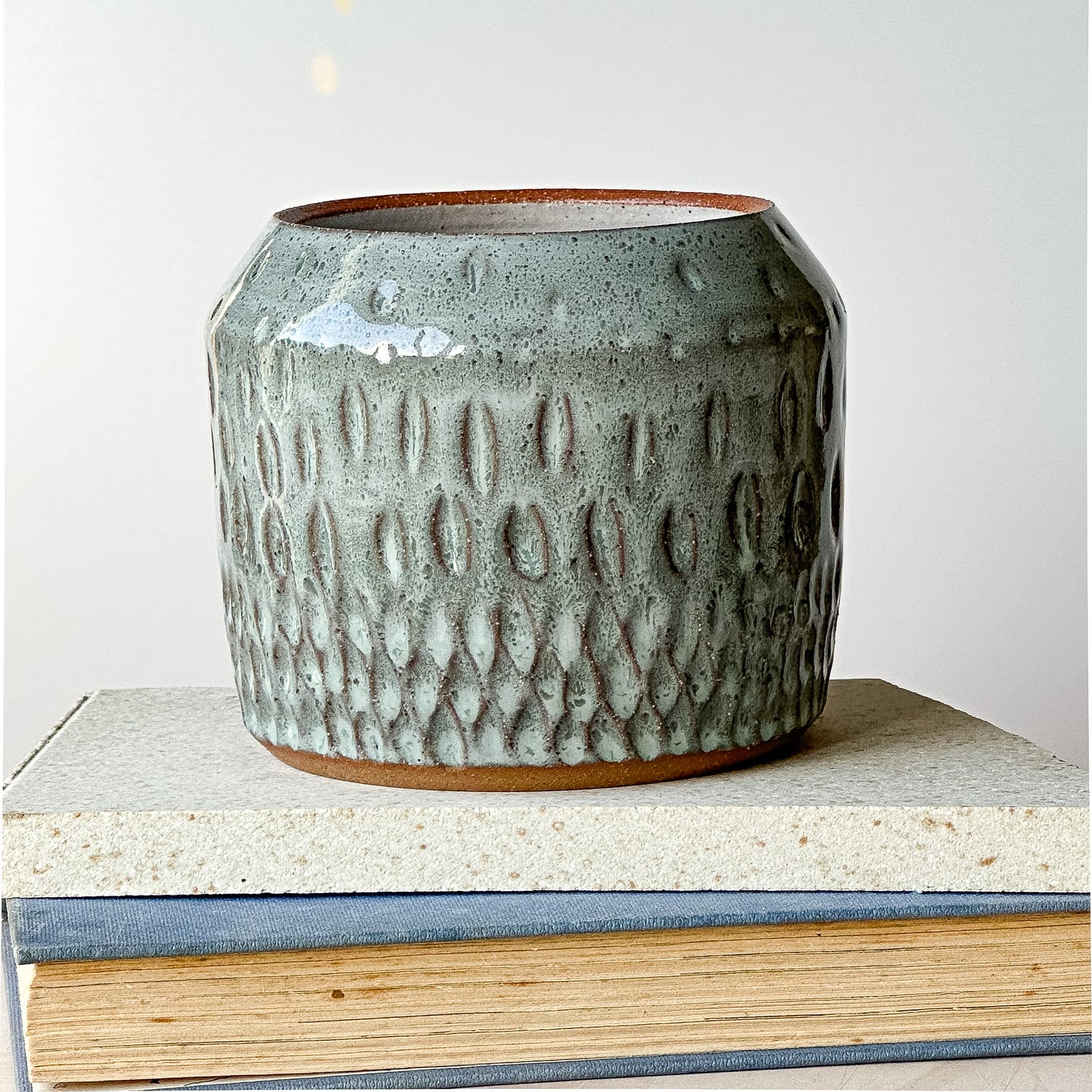 Textured ceramic pot on a stack of books with a plain background