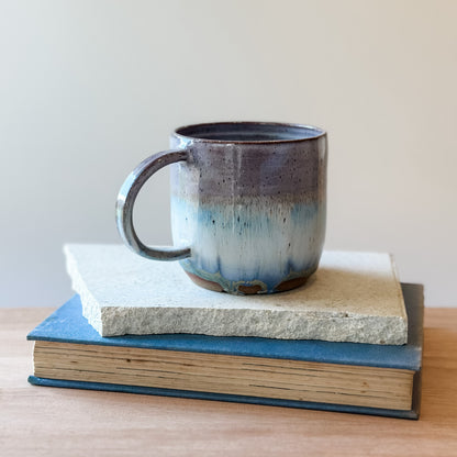 Ceramic mug on top of a stack of books with a plain background
