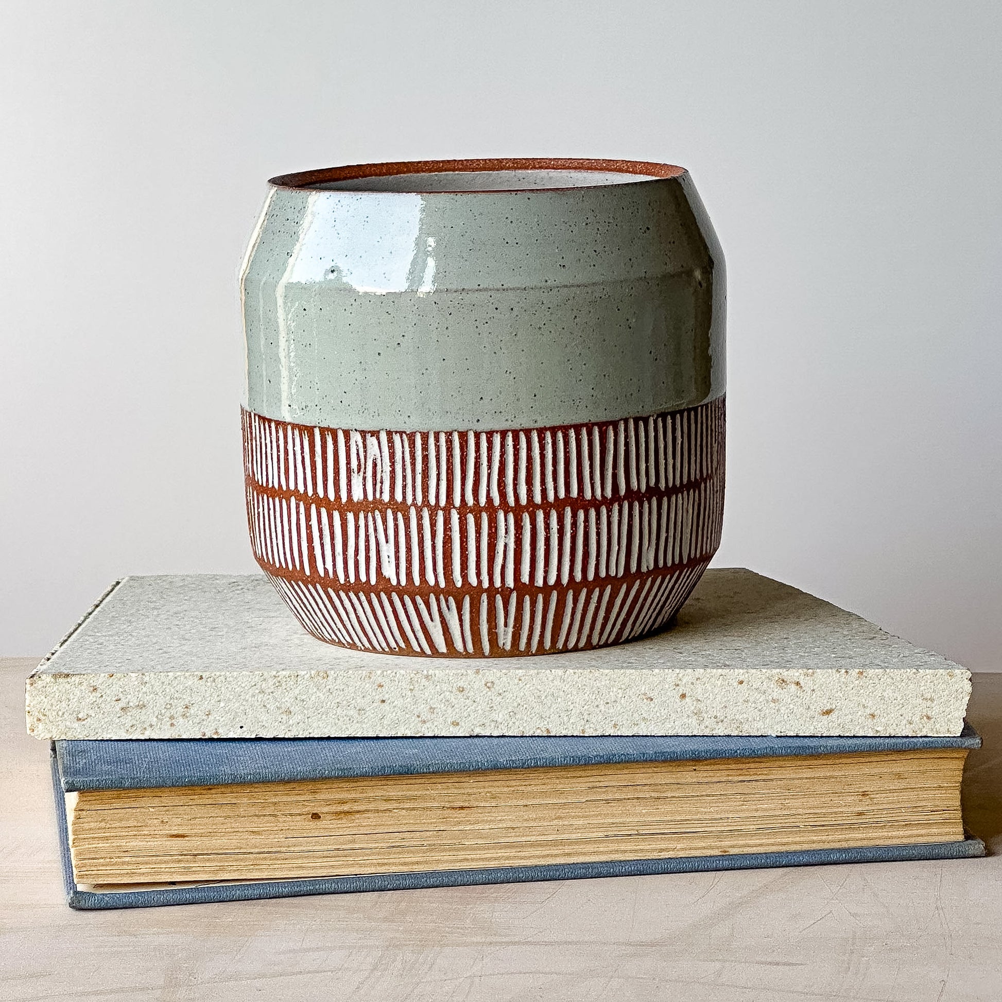 Ceramic planter pot with two books on a light wooden surface