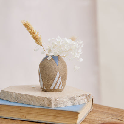 Geometric Handmade Ceramic Bellied Mini Vase - Blue and White
