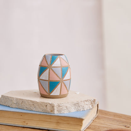 Geometric Handmade Ceramic Bellied Mini Vase - Multi Bright Colour