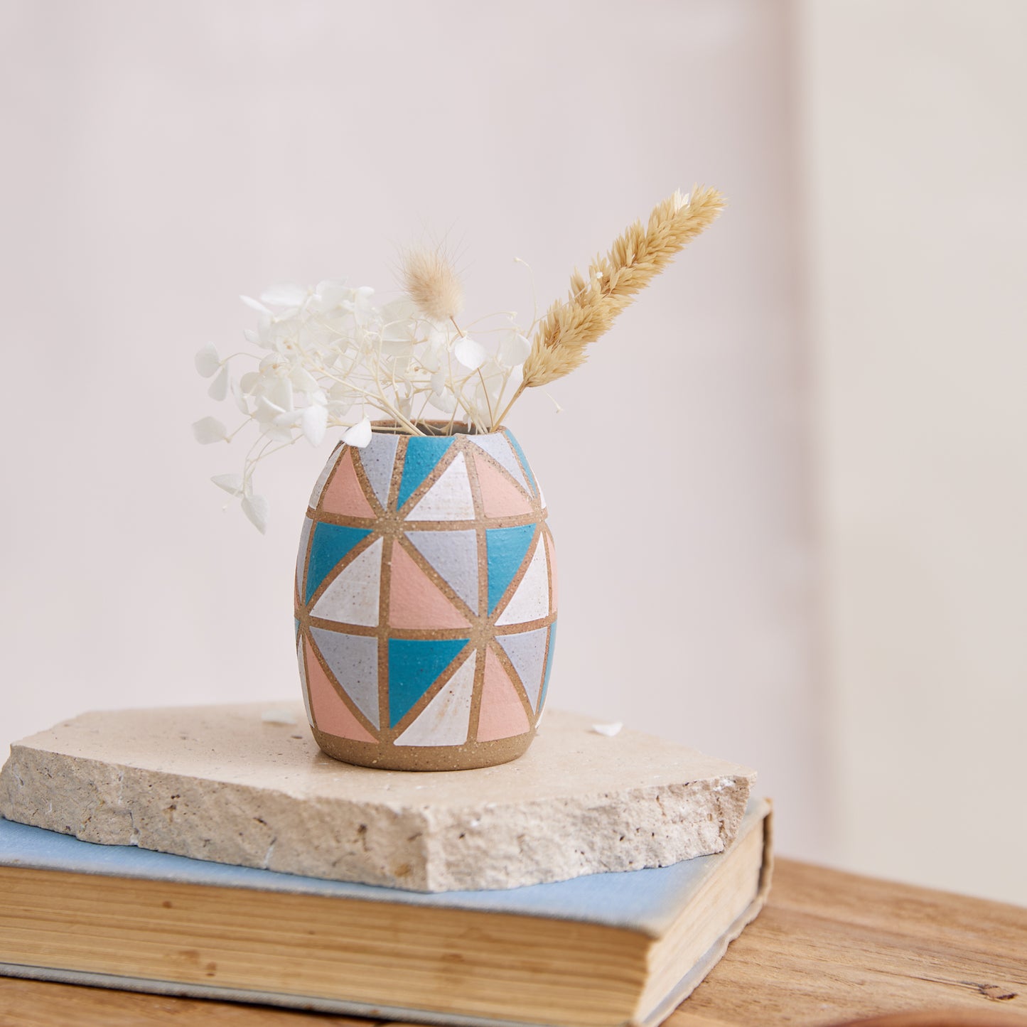 Geometric Handmade Ceramic Bellied Mini Vase - Multi Bright Colour