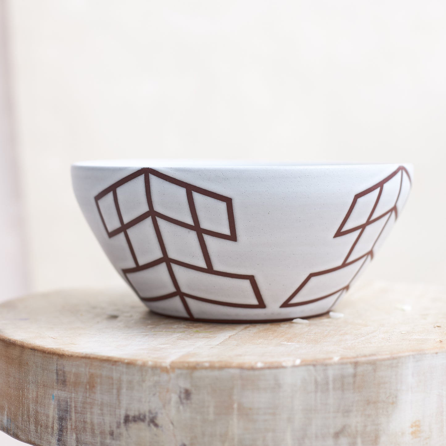 Geometric Handmade Ceramic Bowl - White and Mahogany
