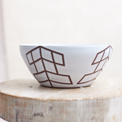 Geometric Handmade Ceramic Bowl - White and Mahogany - Second