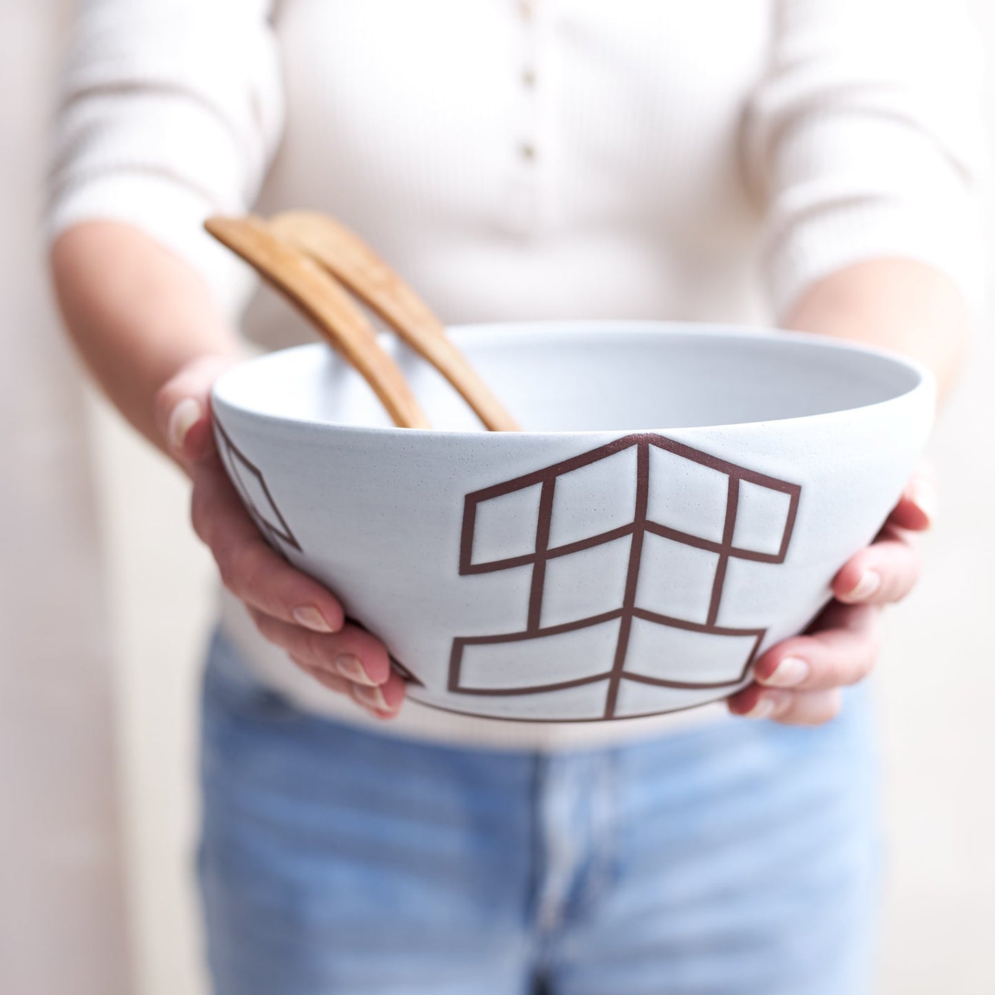 Geometric Handmade Ceramic Bowl - White and Mahogany - Second