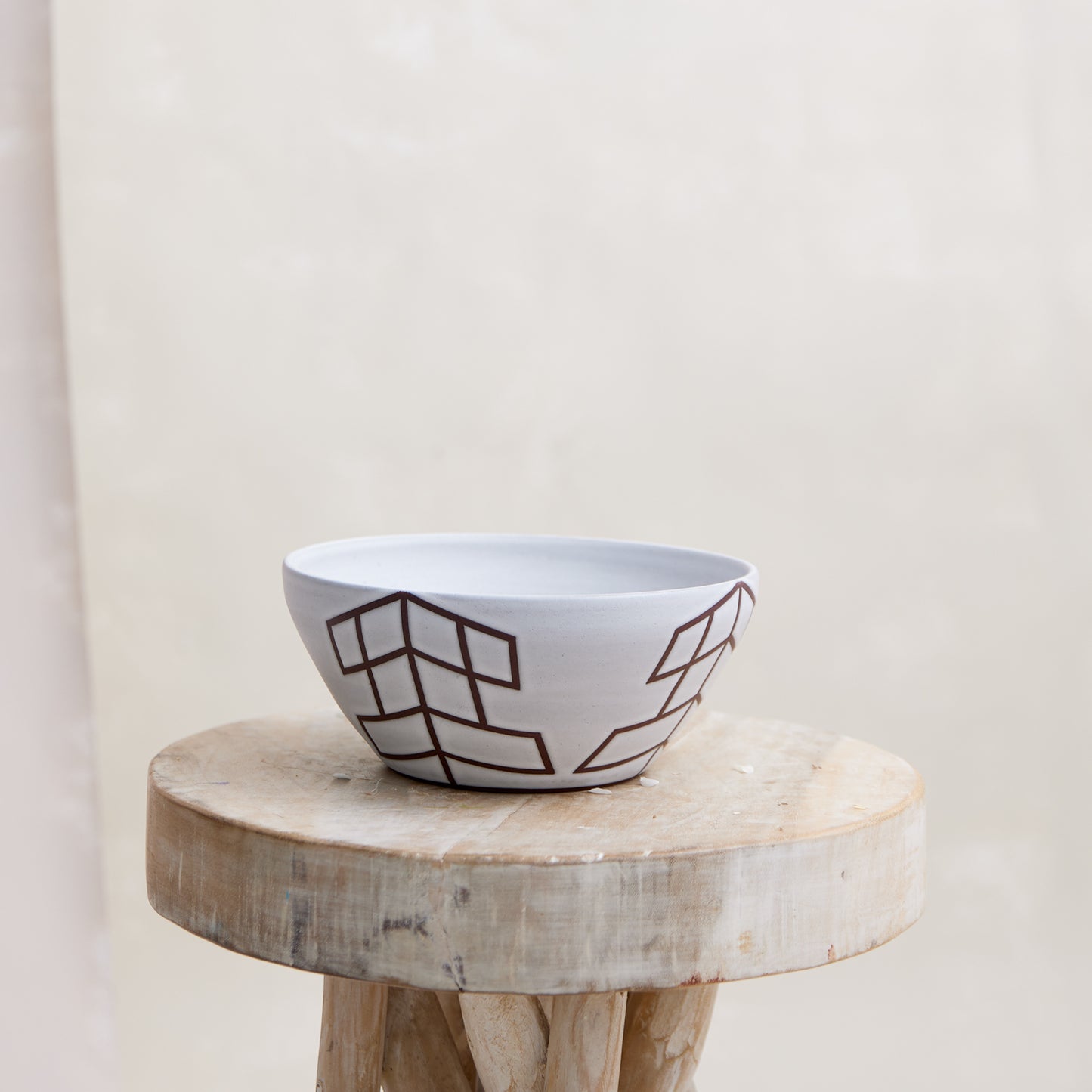 Geometric Handmade Ceramic Bowl - White and Mahogany