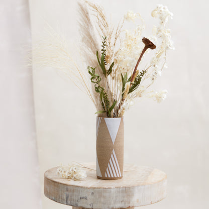 Geometric Handmade Ceramic Cylindrical Vase - Natural and White