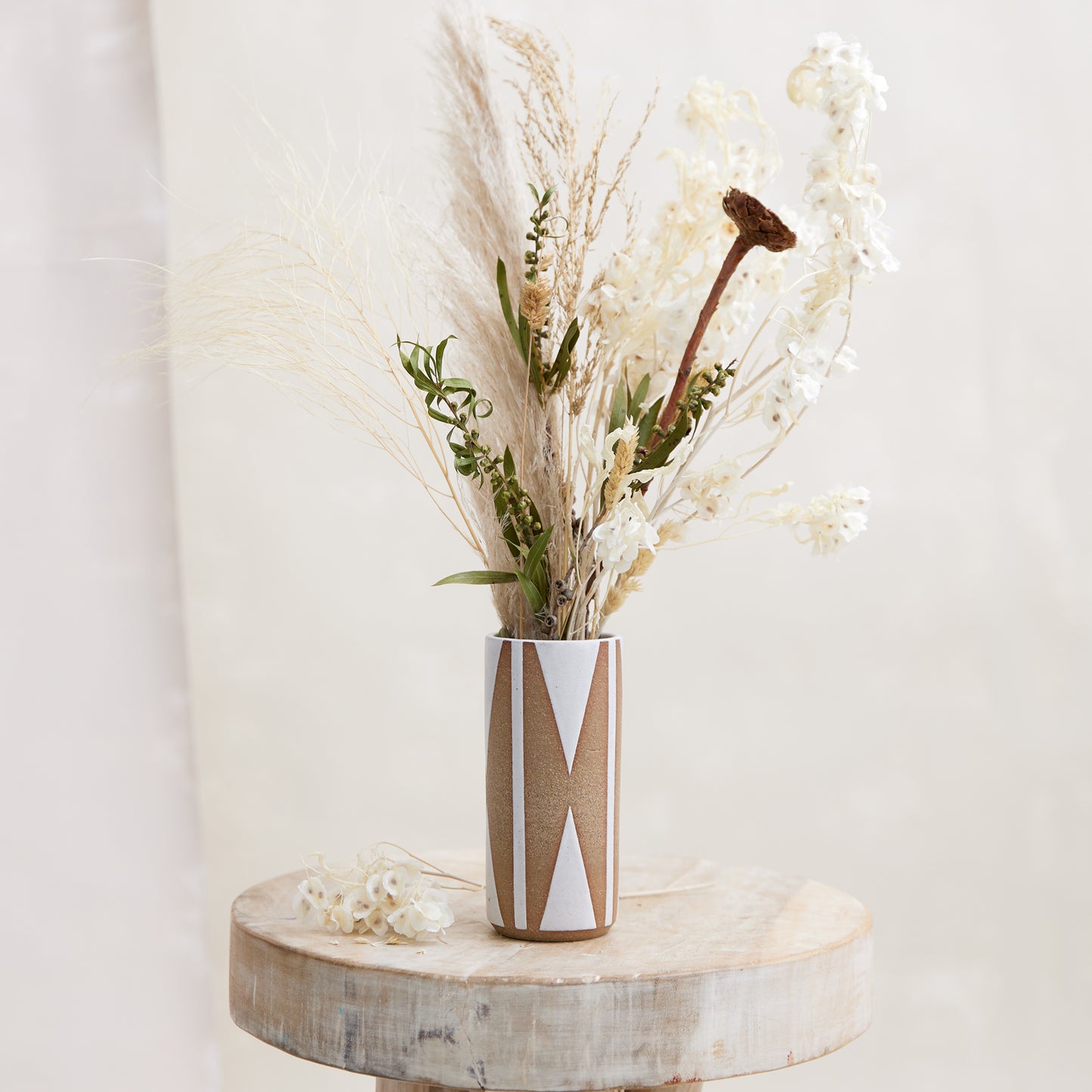 Geometric Handmade Ceramic Cylindrical Vase - Natural and White Triangle