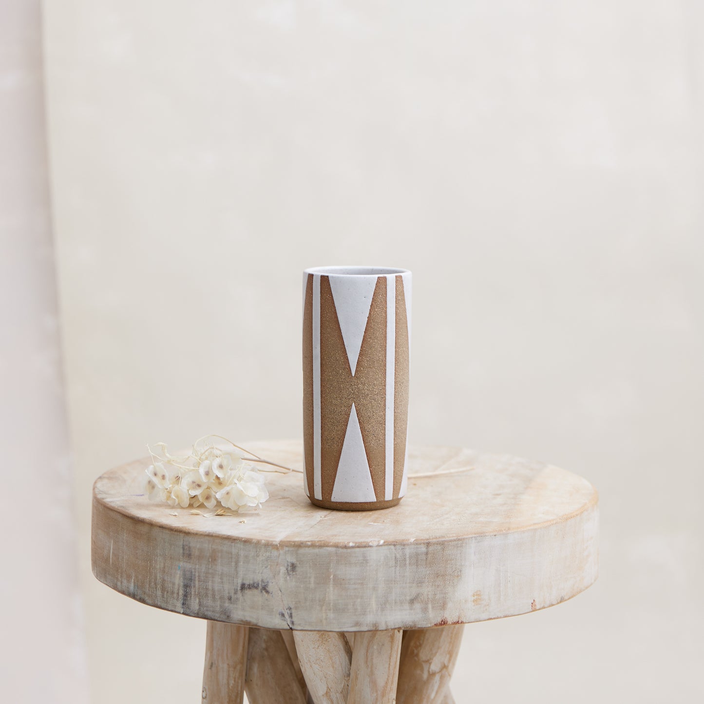 Geometric Handmade Ceramic Cylindrical Vase - Natural and White Triangle
