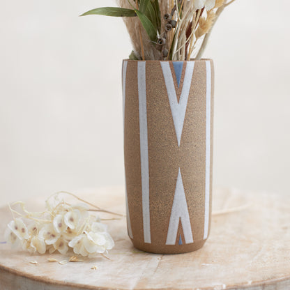 Geometric Handmade Ceramic Cylindrical Vase - White and Blue