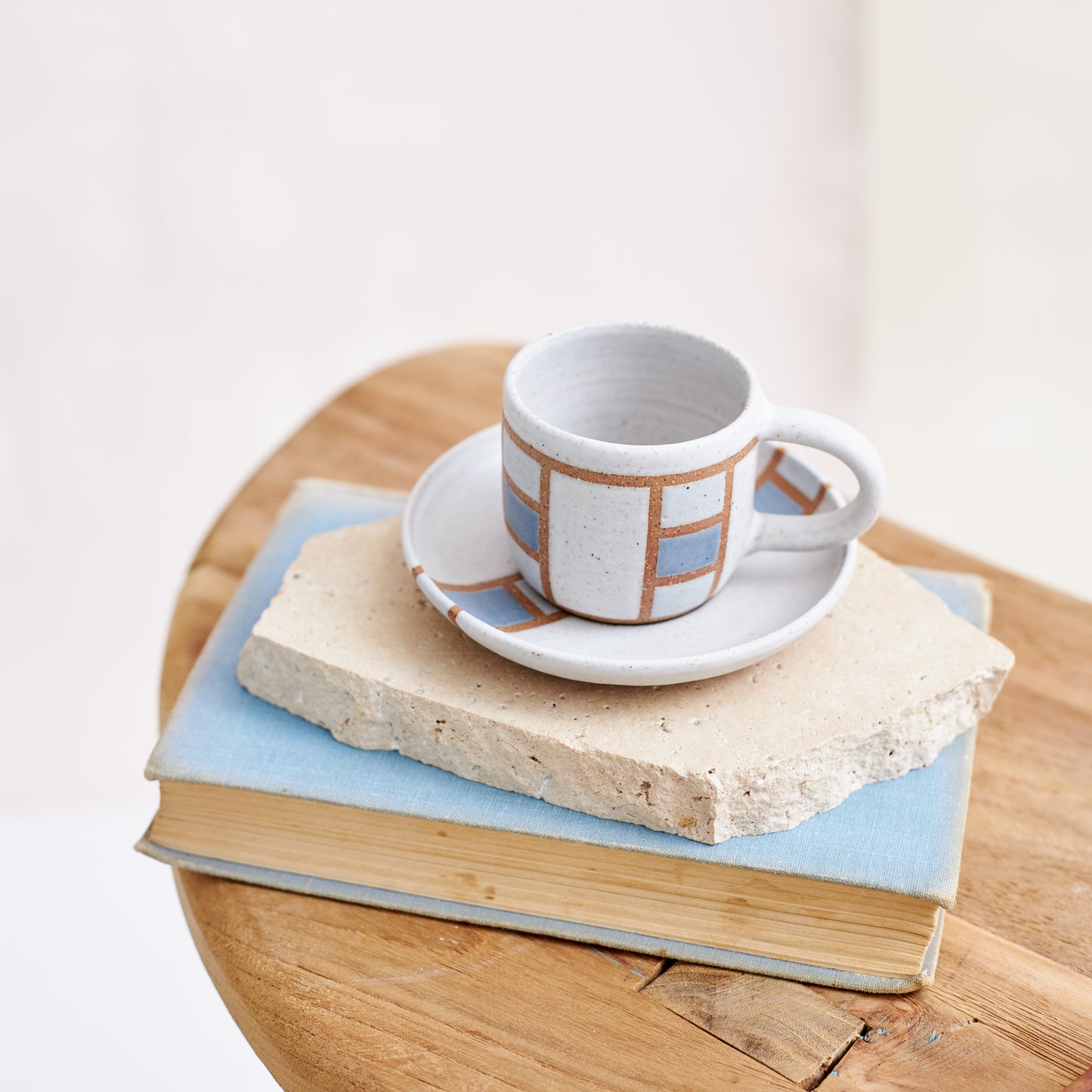 Geometric Handmade Ceramic Espresso Saucer - Blue and Grey