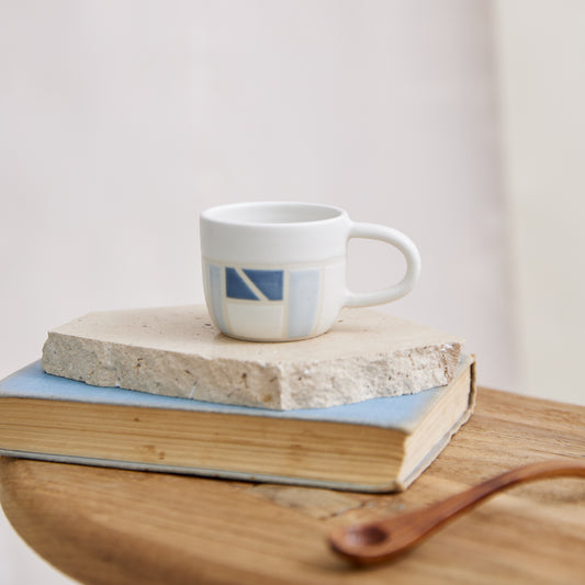 Geometric Handmade Ceramic Espresso Mug - Blue, White and Grey
