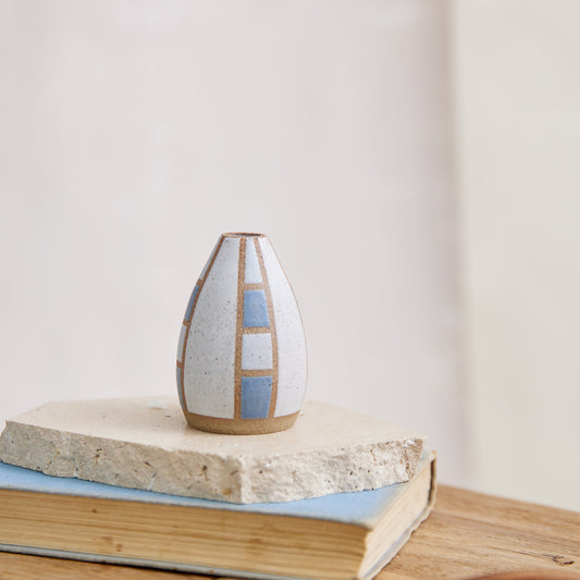 Geometric Handmade Ceramic Tapered Mini Vase - Blue and White