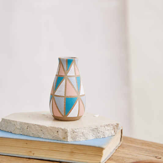 Geometric Handmade Ceramic Tapered Mini Vase - Multi Bright Colour