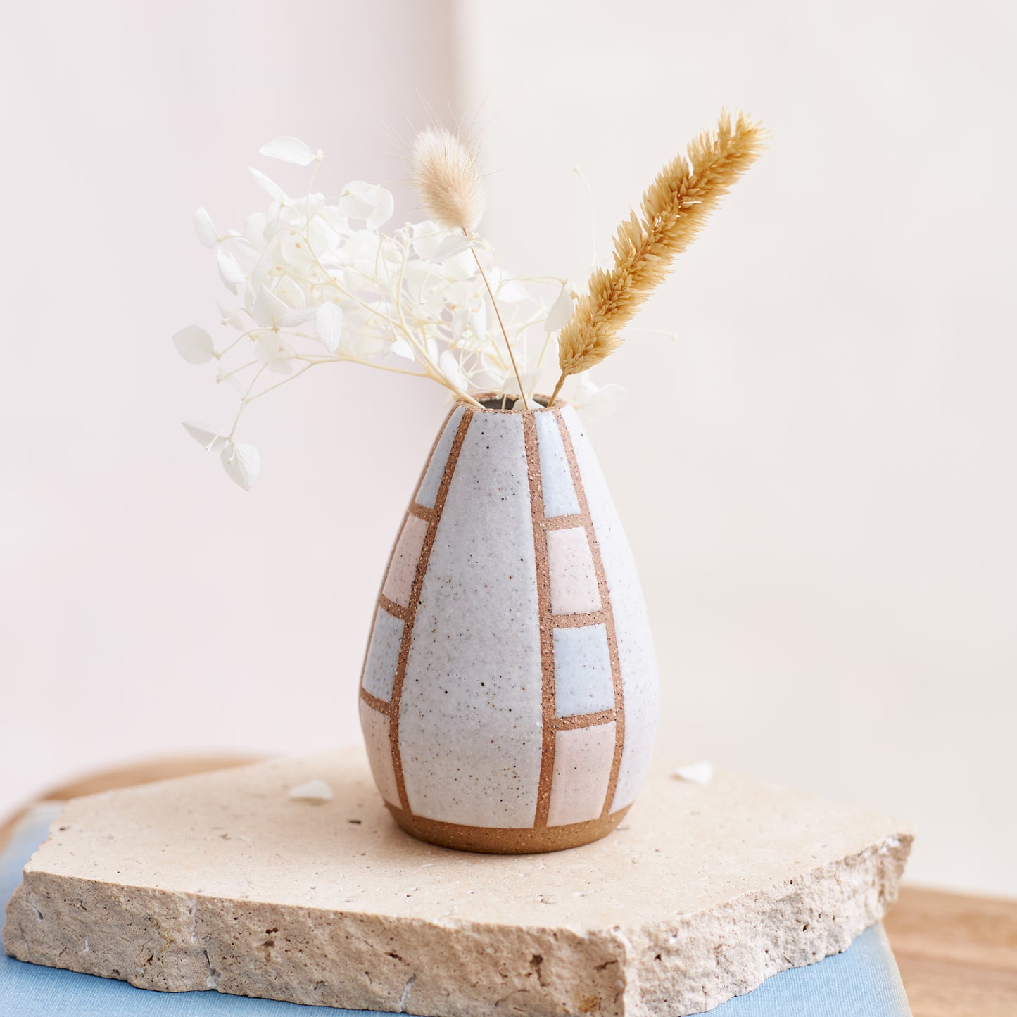 Geometric Handmade Ceramic Tapered Mini Vase - Pink and White