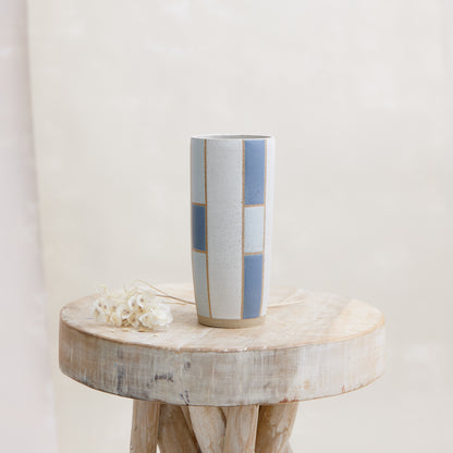 Geometric Handmade Ceramic Tapered Vase - Dark Blue and Grey
