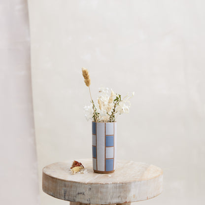 Geometric Cylindrical Handmade Ceramic Vase - Blue and Grey Stripe