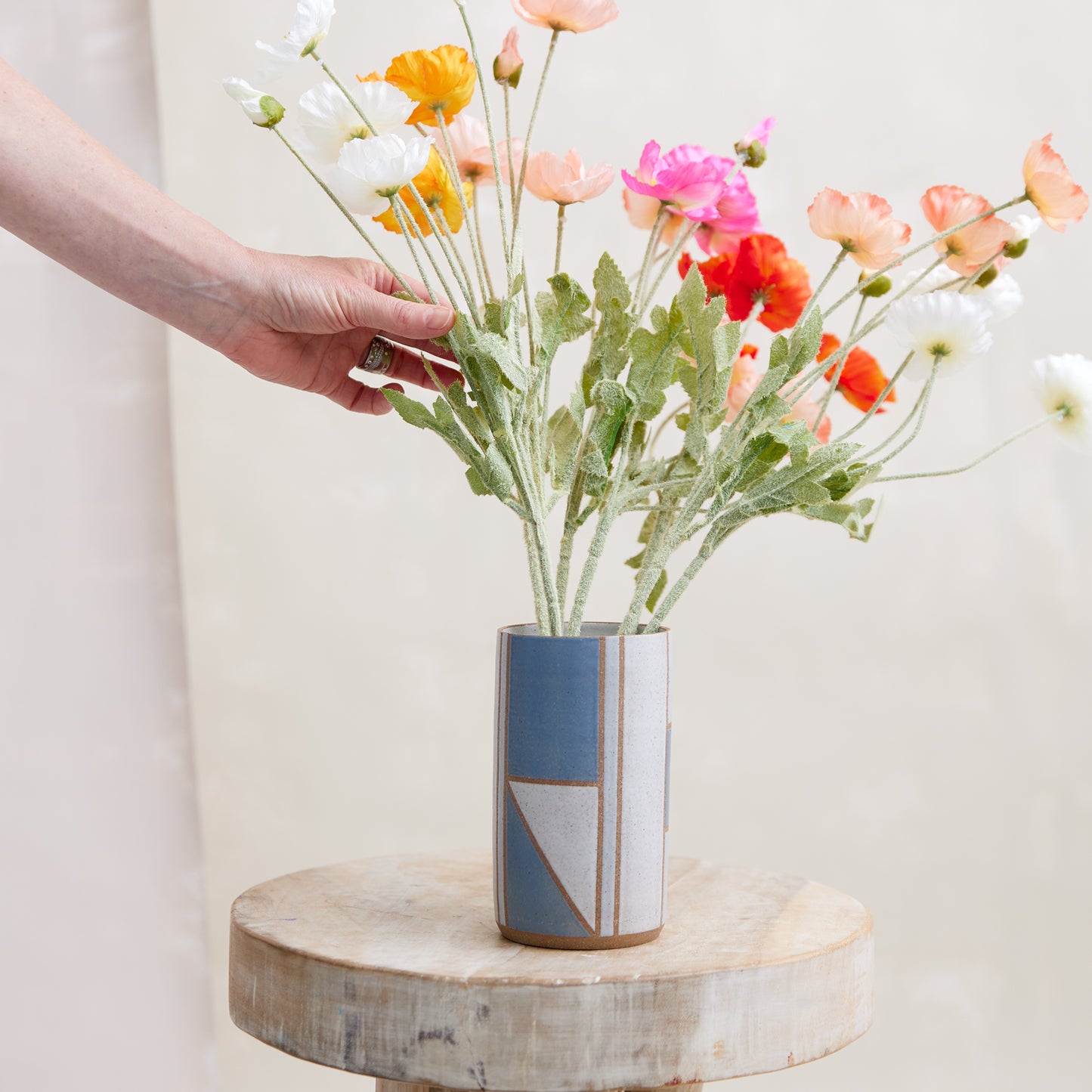 Geometric Cylindrical Handmade Ceramic Vase - Dark Blue and Grey