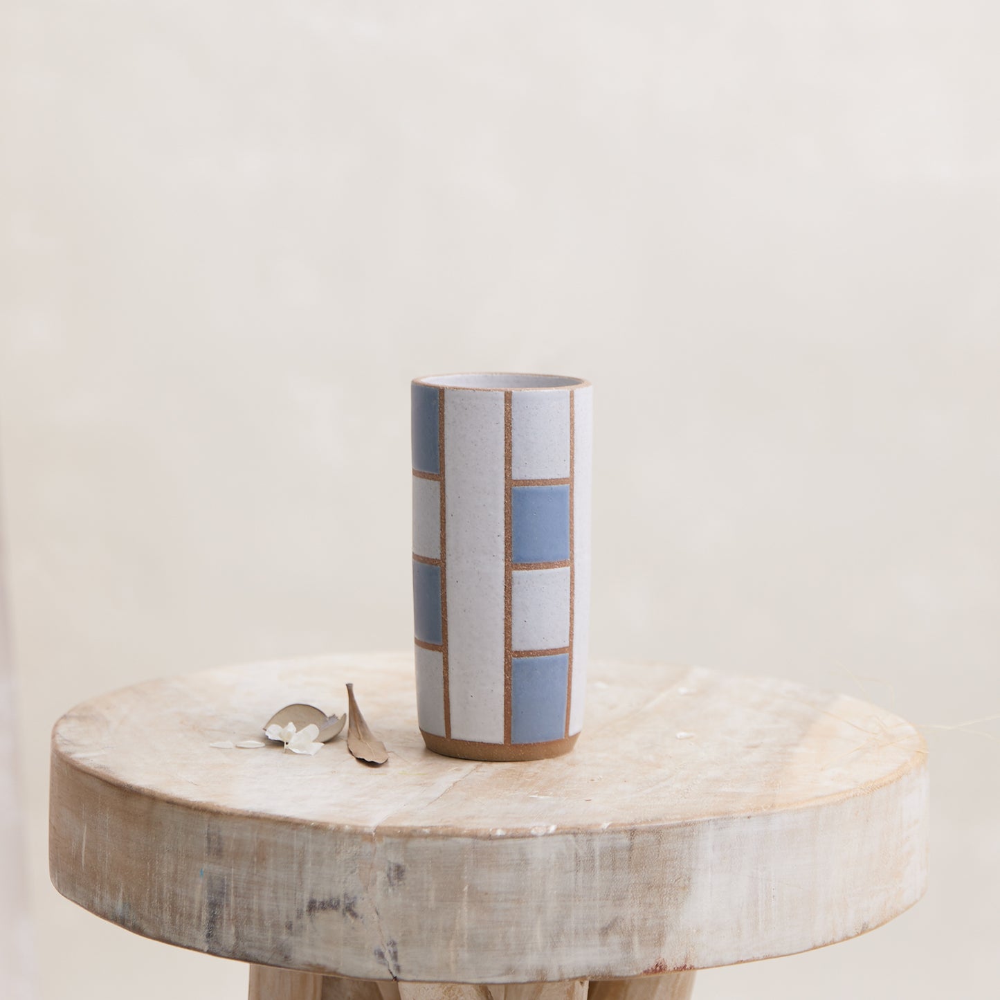 Geometric Cylindrical Handmade Ceramic Vase - Blue and Grey Stripe
