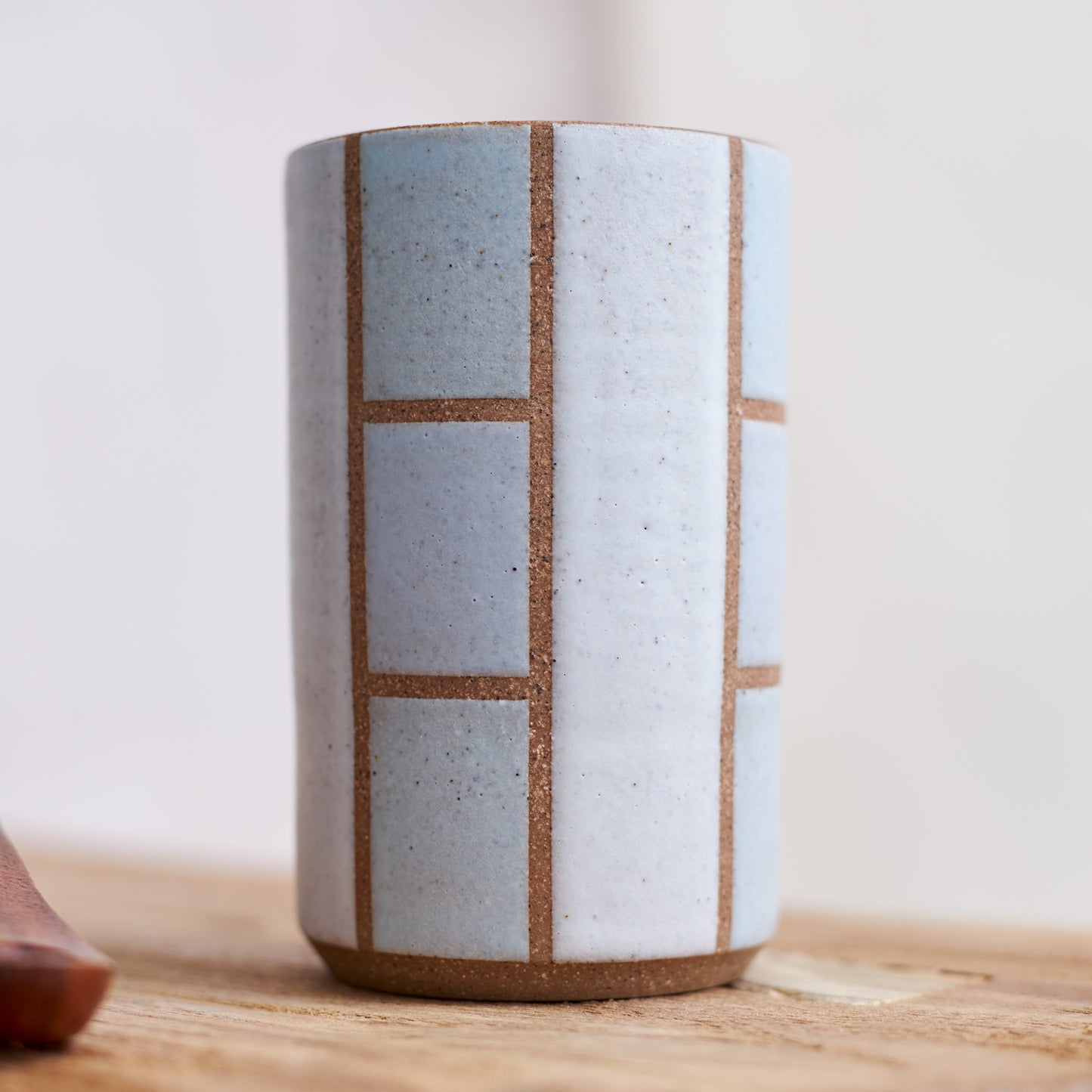 Geometric Handmade Ceramic Cylindrical Mini Vase - Light Blue and Grey