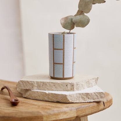 Geometric Handmade Ceramic Cylindrical Mini Vase - Light Blue and Grey