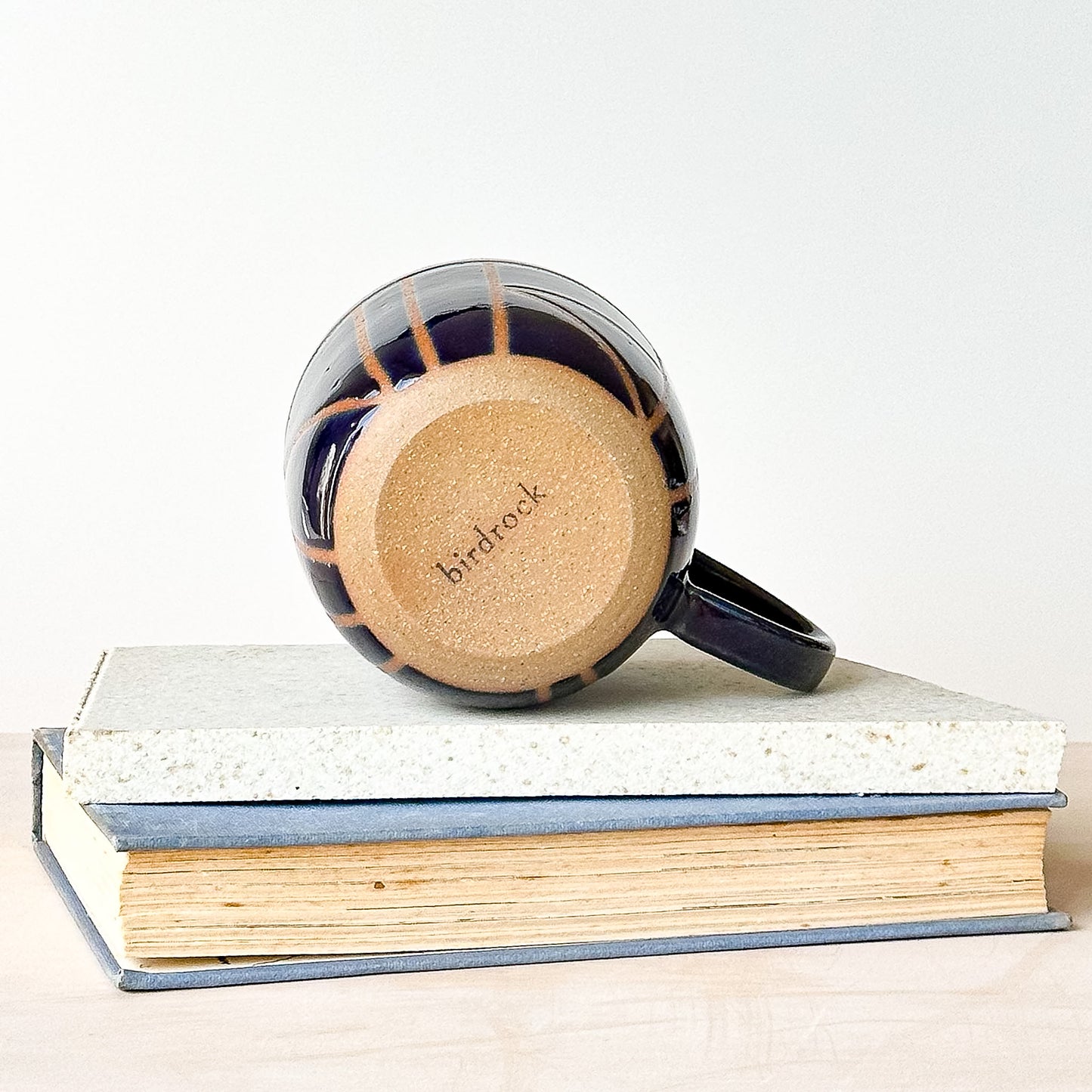 Navy mug with natural clay base on a stack of books, featuring 'birdrock' branding.