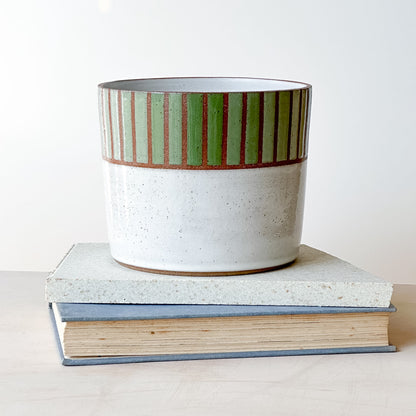 Ceramic planter with green stripes on a stack of books against a white background
