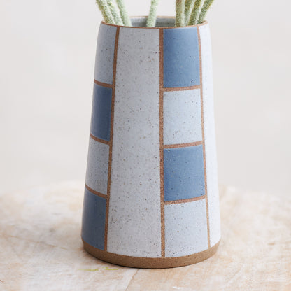 Geometric Tapered Handmade Ceramic Vase - Blue and Grey