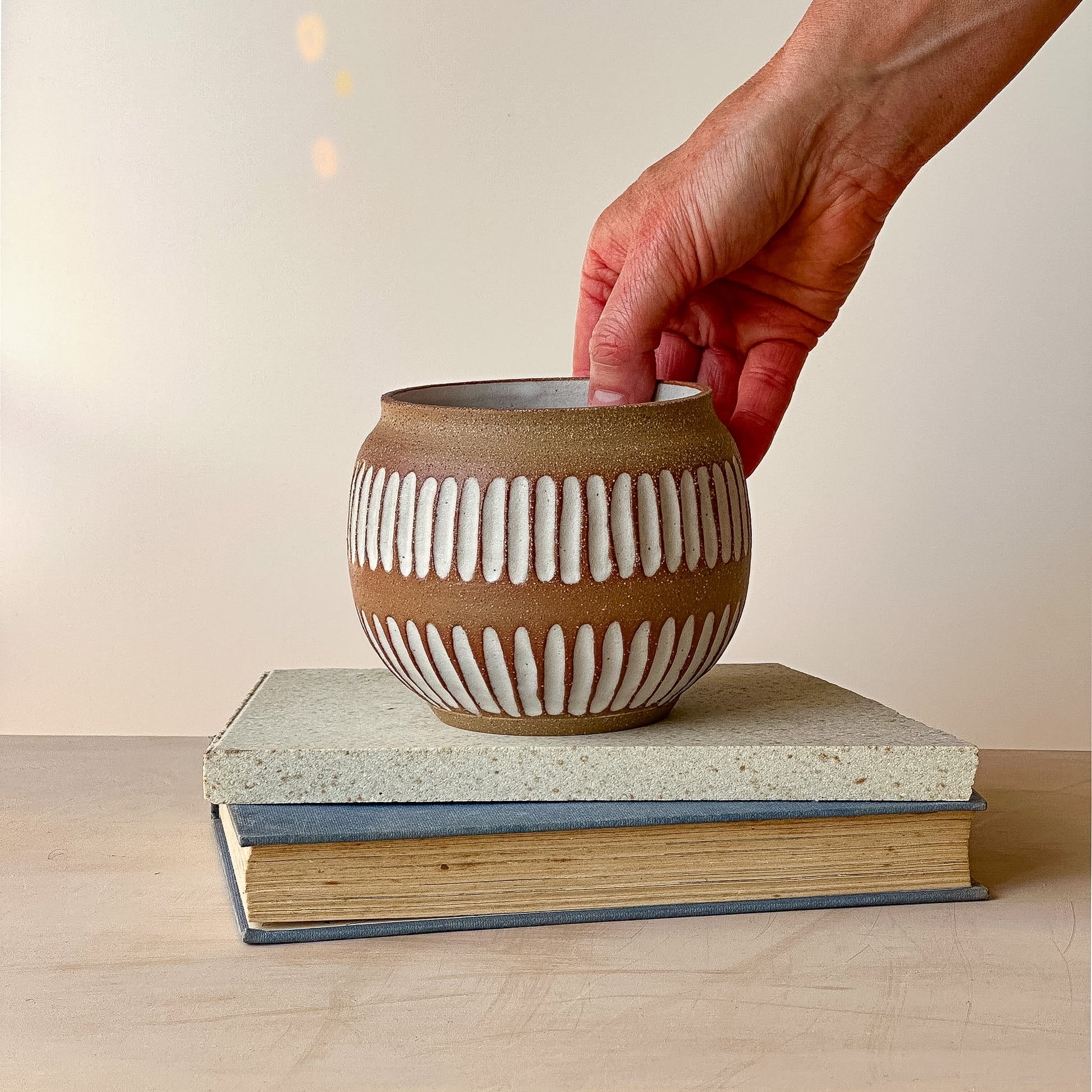 Hand placing a ceramic planter pot on top of two books with a neutral background