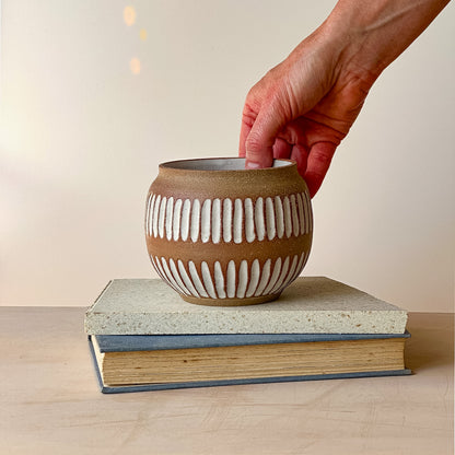 Hand placing a ceramic planter pot on top of two books with a neutral background