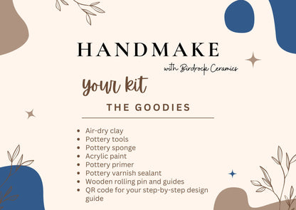 Promotional graphic for Birdrock Ceramics' pottery kit with text and minimalistic designs.
