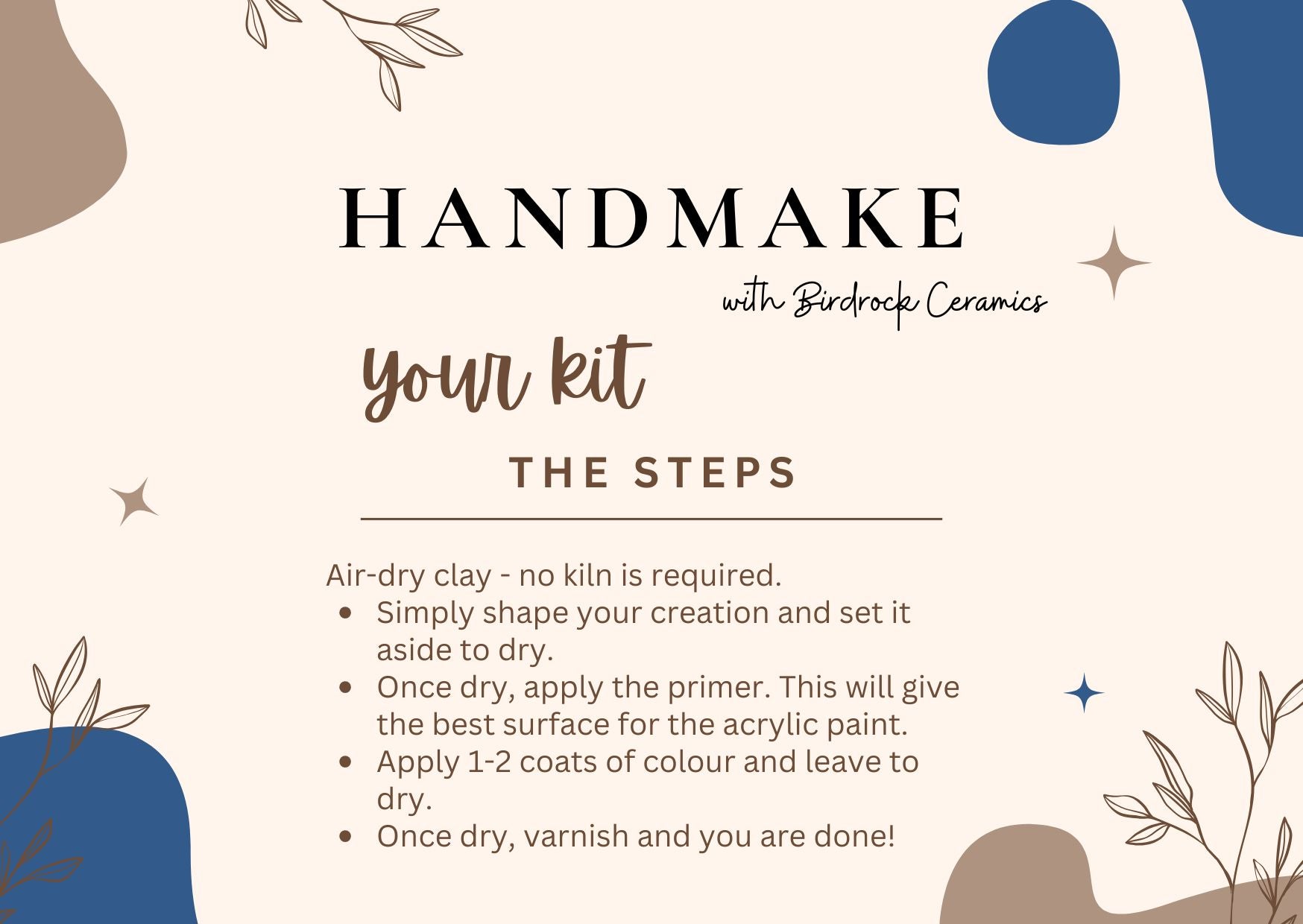 Instructions for making a ceramic kit with Birdrock Ceramics on a decorative background.