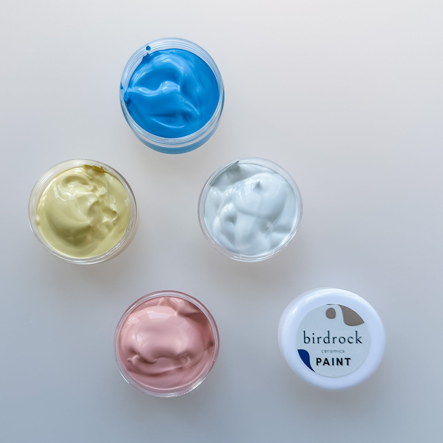 Four small containers of different colored paint with a 'birdrock' label on a light gray background.