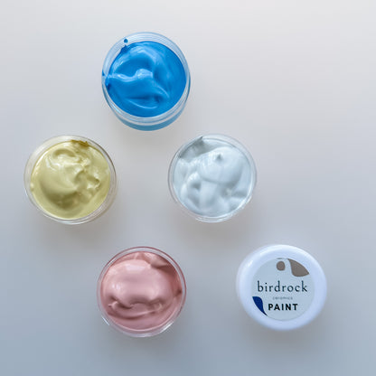 Four small containers of different colored paint with a 'birdrock' label on a light gray background.