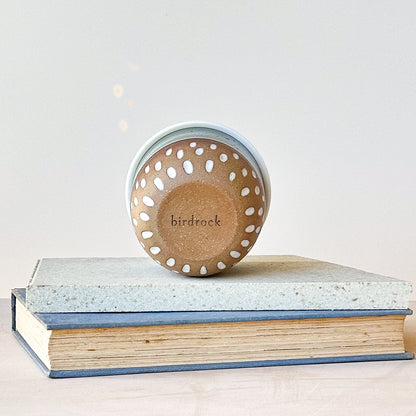 base view of a ceramic keep cup with 'birdrock' branding on a stack of books against a light background