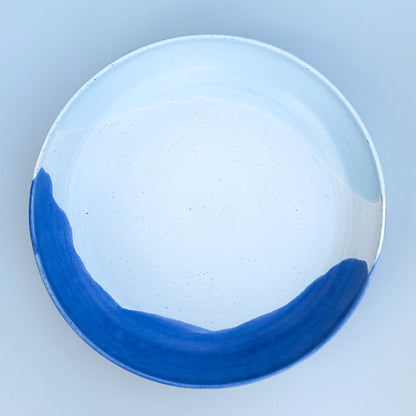 Ceramic dish with blue accent on a light grey background